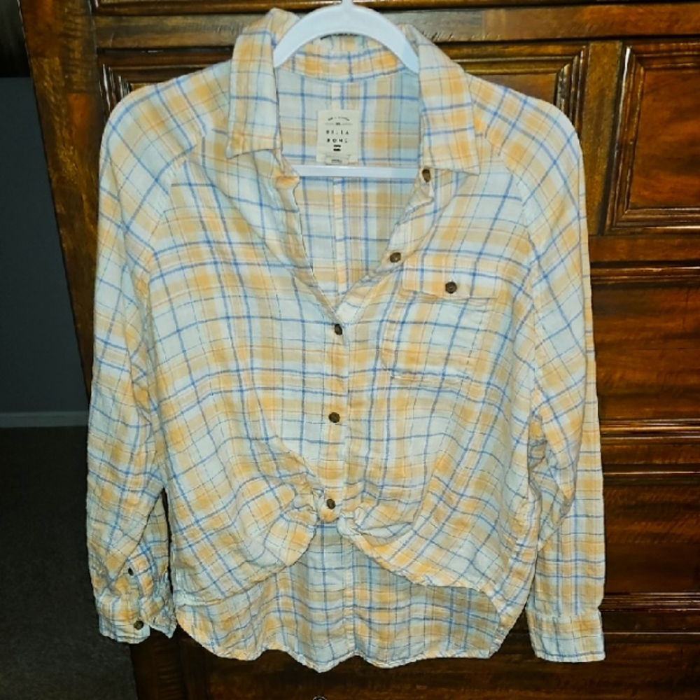 Billabong Yellow and Blue Plaid Button-Down Shirt